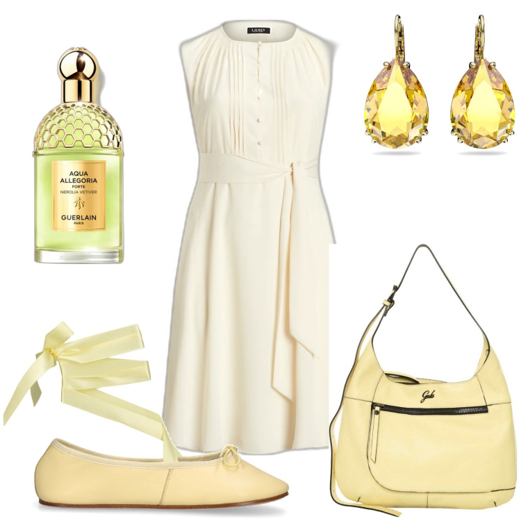 Outfit donna - Il vestito giallo chiaro. Stile Romantica per Tutti i giorni. Abbinamento con orecchini, profumi, vestiti, borse a spalla, ballerine.