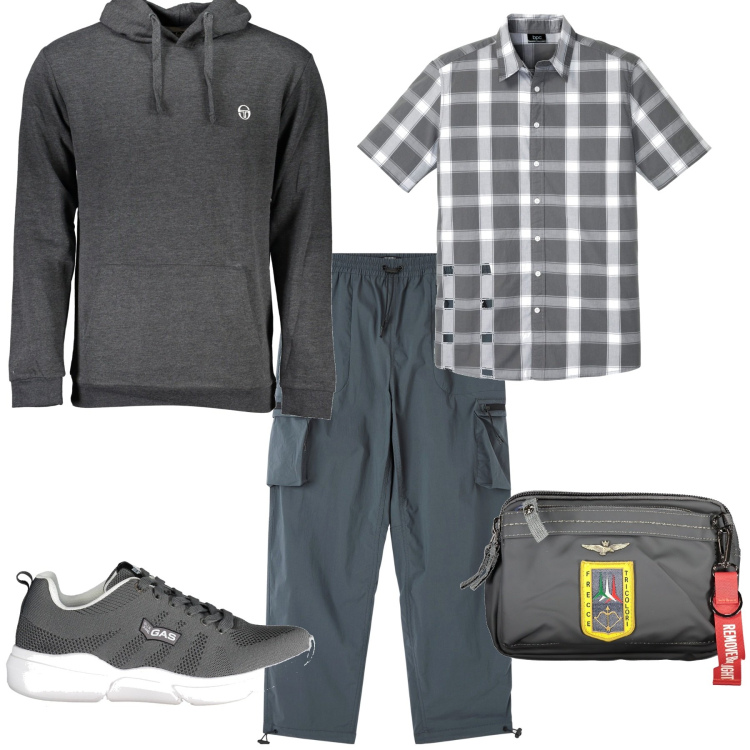 Outfit uomo - Casual tempo libero. Stile Casual per Tutti i giorni. Abbinamento con camicie a manica corta, pantaloni cargo, felpe con cappuccio, borse sportive, scarpe sportive.