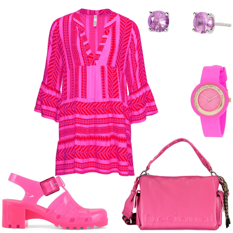Outfit donna - Fuxia in allegria. Stile Trendy per Tutti i giorni. Abbinamento con vestiti corti, orologi, orecchini, sandali col tacco, borse a spalla.