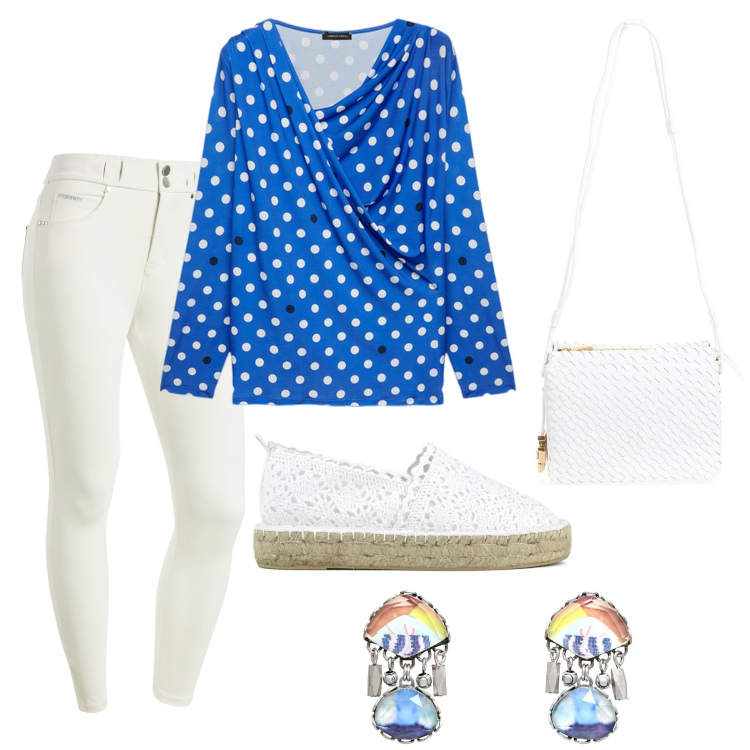 Outfit donna - A pois. Stile Casual chic per Tutti i giorni. Abbinamento con orecchini, borse a tracolla, pantaloni skinny, espadrillas, t-shirt.