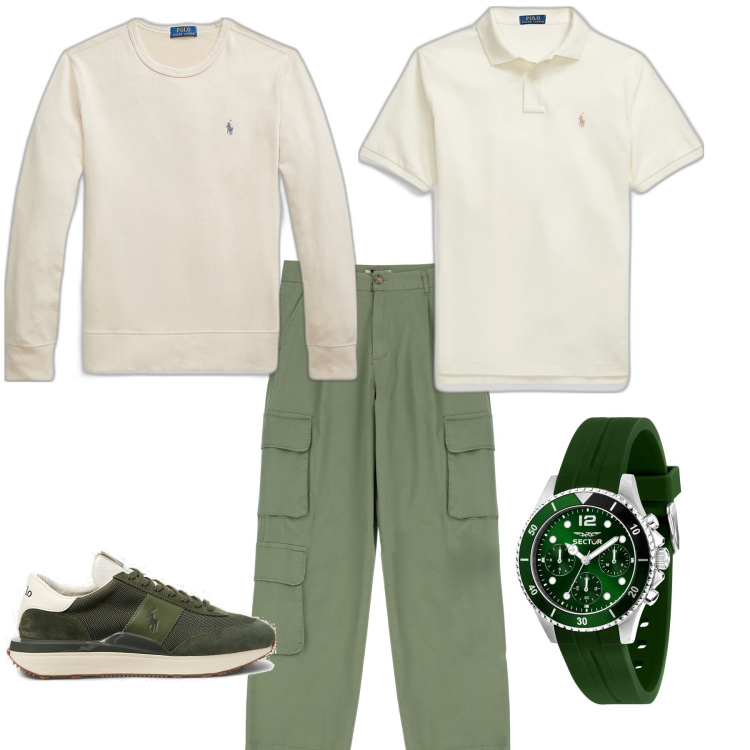 Outfit uomo - Casual per il week end. Stile Casual per Tutti i giorni. Abbinamento con orologi, pantaloni cargo, polo, sneakers, felpe.