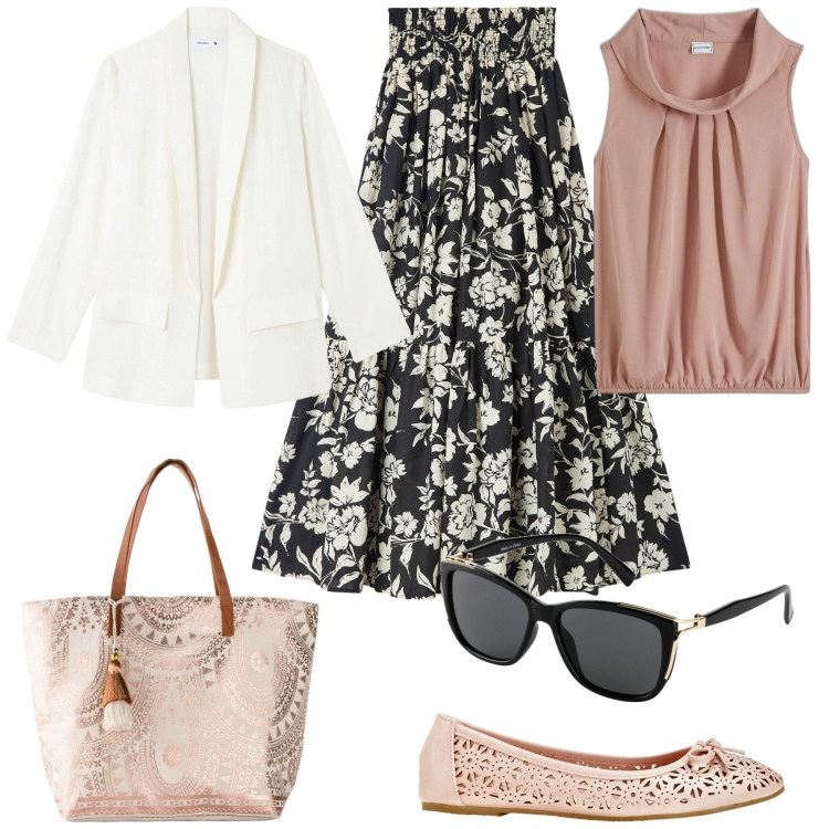 Outfit donna - Passeggiata con l\'amica. Stile Casual chic per Tutti i giorni. Abbinamento con top, ballerine, shopping bag, occhiali da sole, gonne lunghe, blazer.