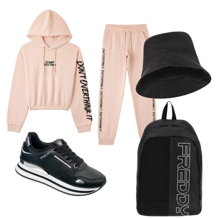 Outfit donna - Sport. Stile Sporty chic per Sport. Abbinamento con pantaloni, felpe con cappuccio, zaini, sneakers, cappelli.