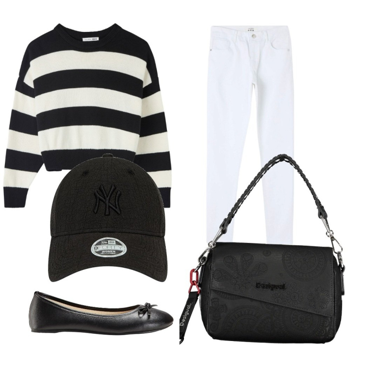 Outfit donna - Tutti i giorni. Stile Casual per Tutti i giorni. Abbinamento con ballerine, pantaloni, maglieria, borse a spalla, cappelli con visiera.