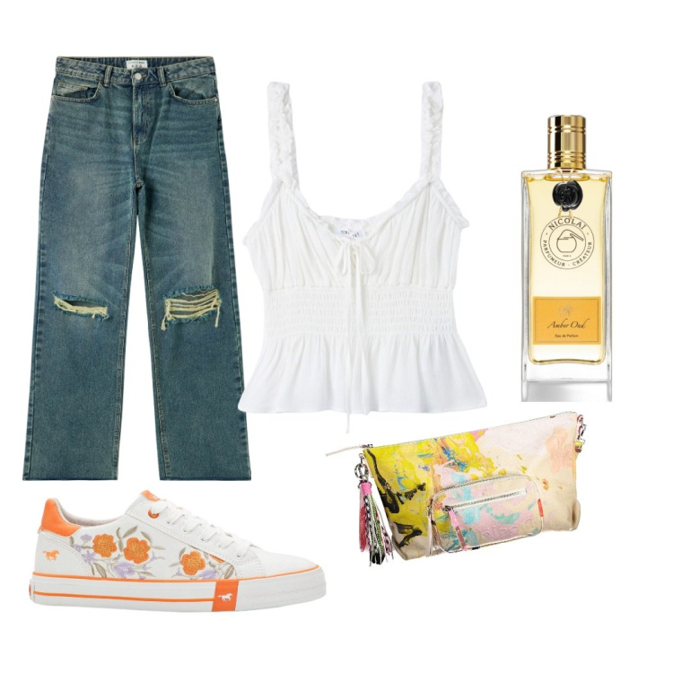 Outfit donna - Tutti i giorni. Stile Casual per Tutti i giorni. Abbinamento con sneakers, profumi, jeans strappati, top, borse a tracolla.