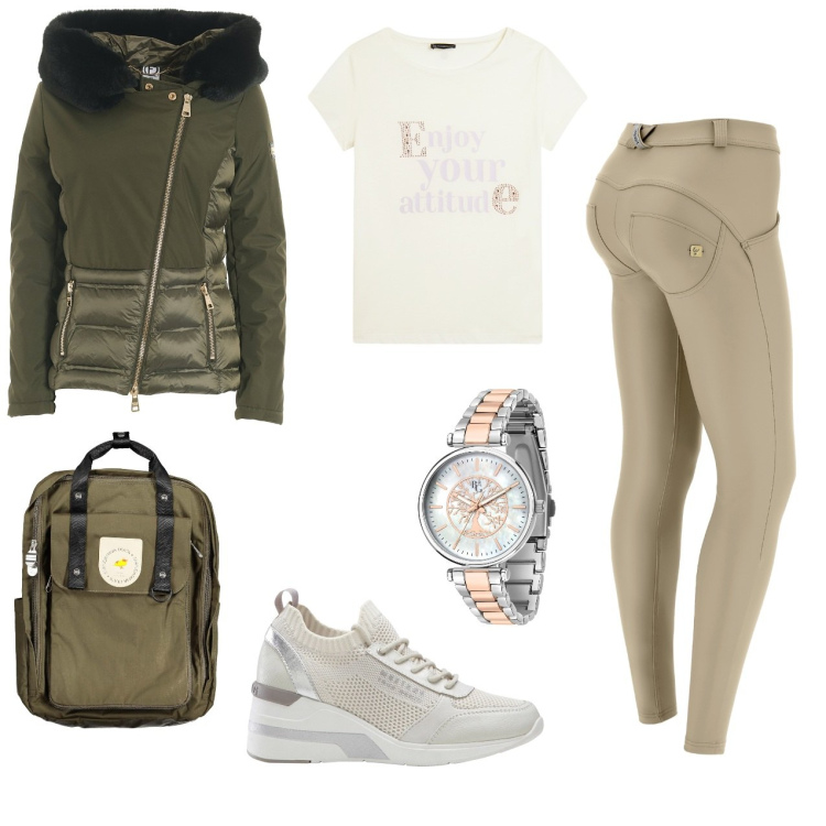 Outfit donna - Passeggiata i città. Stile Casual per Tutti i giorni. Abbinamento con sneakers, orologi, blazer, pantaloni skinny, t-shirt, zaini.