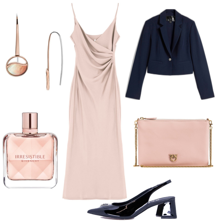 Outfit donna - Gran sera “Irresistible”. Stile Glamour per Serata fuori. Abbinamento con blazer, orecchini, profumi, borse a tracolla, vestiti midi/longuette, décolleté.