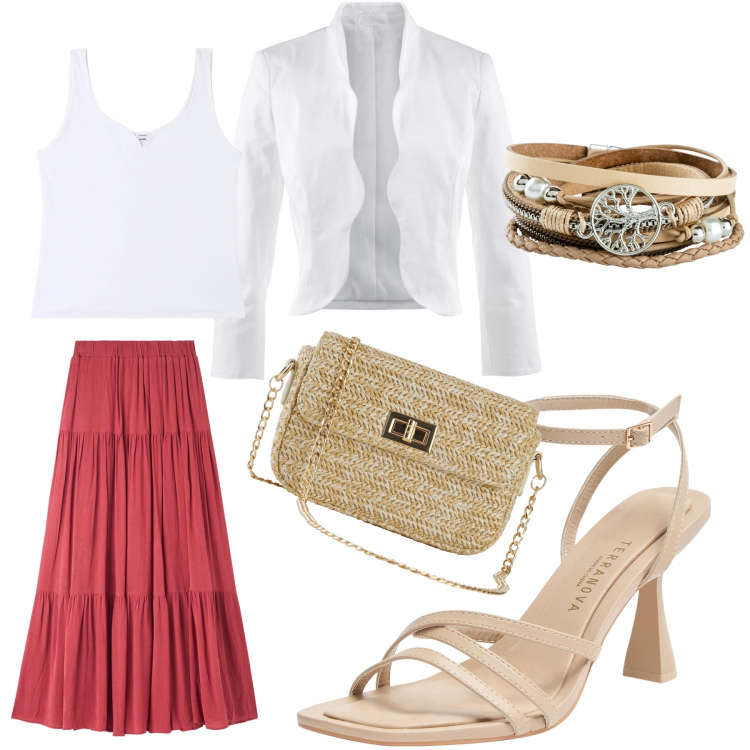 Outfit donna - Sto andando in ufficio. Stile Casual chic per Ufficio. Abbinamento con blazer, braccialetti, borse a mano, gonne lunghe, sandali col tacco, canottiere.
