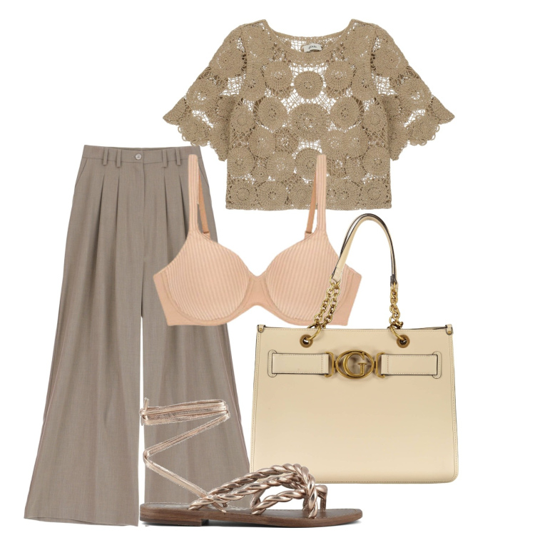 Outfit donna - Think brown. Stile Bon Ton per Cerimonia. Abbinamento con pantaloni a palazzo, maglieria, reggiseni, sandali, borse a spalla.