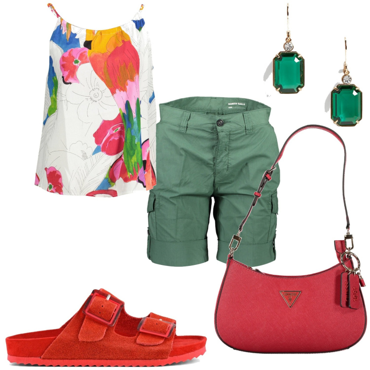 Outfit donna - In bermuda e top fiorato. Stile Casual chic per Tutti i giorni. Abbinamento con orecchini, sandali, bermuda, canottiere, borse a spalla.