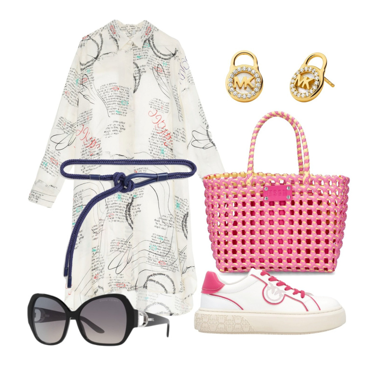 Outfit donna - Ghost outfitter - aprile. Stile Trendy per Tutti i giorni. Abbinamento con orecchini, sneakers, vestiti corti, occhiali da sole, cinture, borse a secchiello.