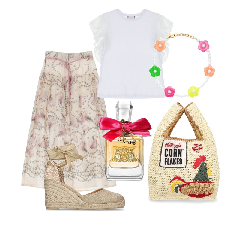 Outfit donna - Coachella in libertà. Stile Boho per Tutti i giorni. Abbinamento con collane, profumi, gonne lunghe, t-shirt, shopping bag, espadrillas.