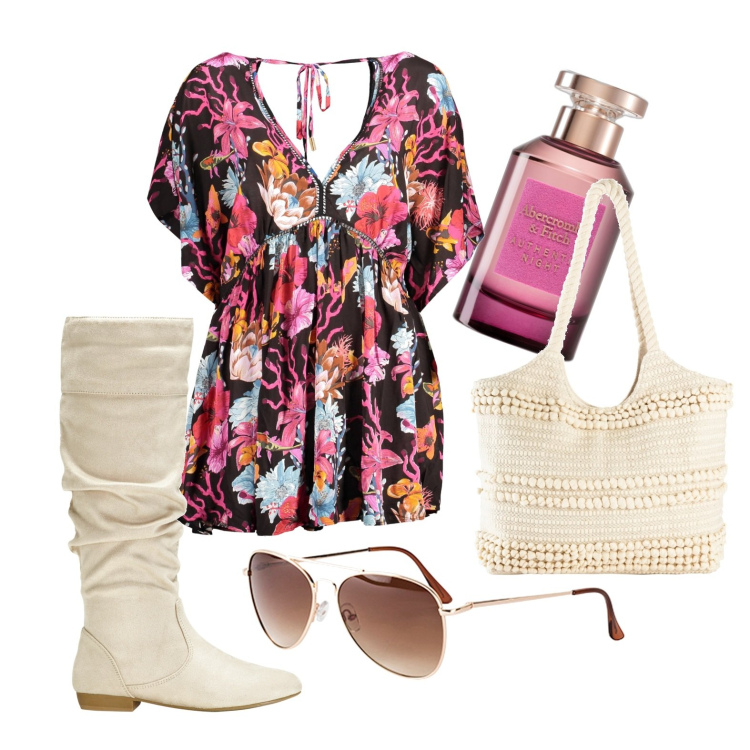 Outfit donna - Molto volume sopra. Stile Boho per Tutti i giorni. Abbinamento con occhiali da sole, stivali, shopping bag, profumi, vestiti corti.