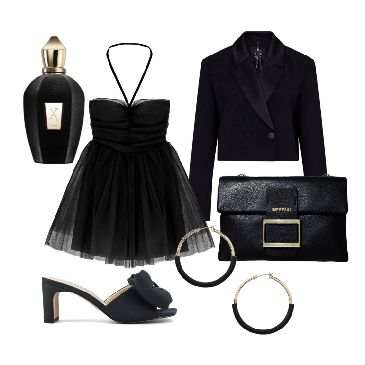 Outfit donna - Un\'esplosione di tulle. Stile Glamour per Cerimonia. Abbinamento con profumi, vestiti corti, pochette, orecchini, sandali col tacco, blazer.