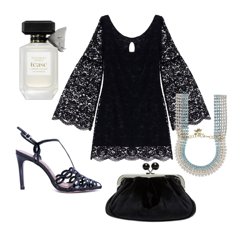 Outfit donna - Volume sulle maniche. Stile Chic per Serata fuori. Abbinamento con profumi, vestiti corti, sandali col tacco, braccialetti, clutch.