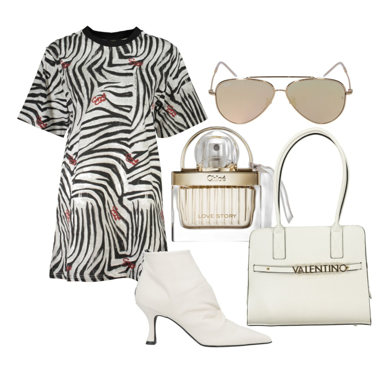 Outfit donna - Omaggio a Cavalli. Stile Trendy per Tutti i giorni. Abbinamento con stivaletti, profumi, vestiti corti, borse a spalla, occhiali da sole.