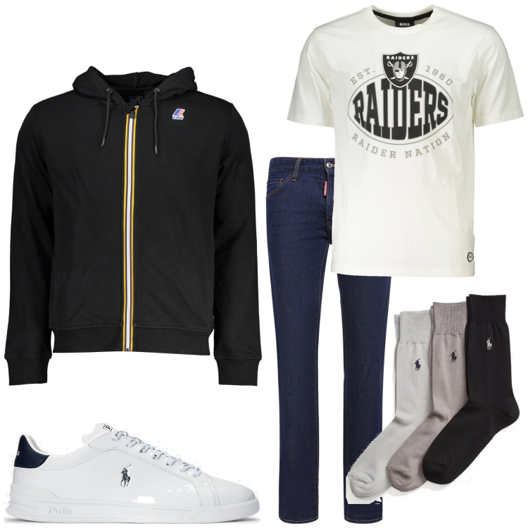 Outfit uomo - Total look #1856326. Stile Casual per Tutti i giorni. Abbinamento con calzini, sneakers, felpe con cappuccio, jeans, t-shirt.