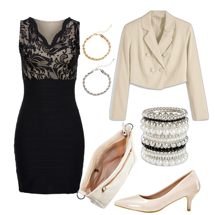Outfit donna - Naturalmente elegante. Stile Chic per Cerimonia. Abbinamento con braccialetti, vestiti, blazer, décolleté, borse a tracolla, braccialetti.