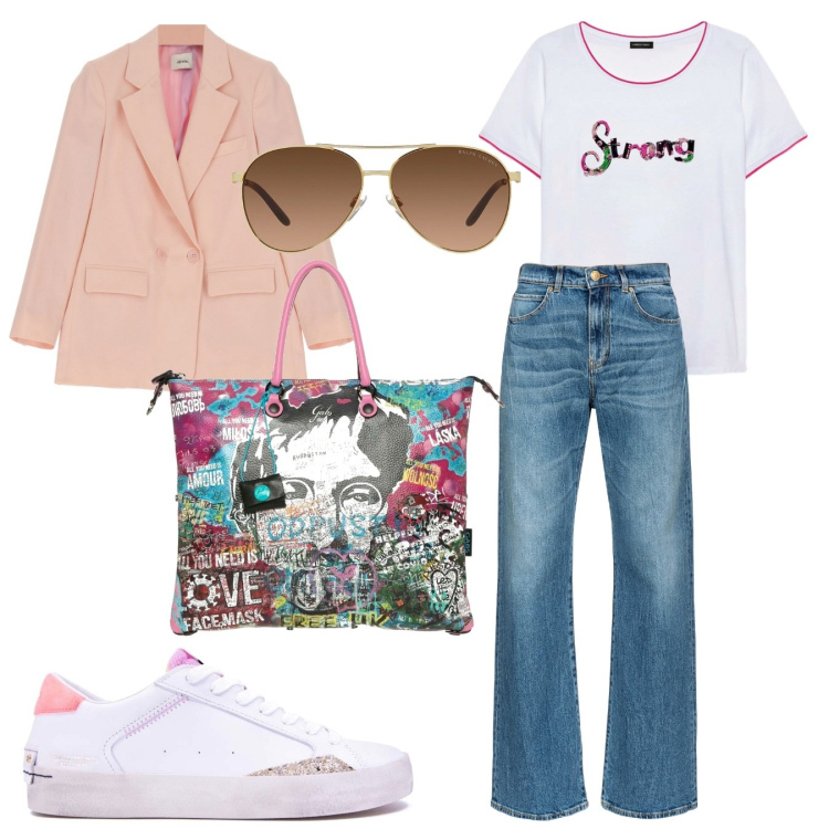Outfit donna - Shopping in città. Stile Urban per Tutti i giorni. Abbinamento con jeans a zampa, blazer, occhiali da sole, sneakers, t-shirt, shopping bag.