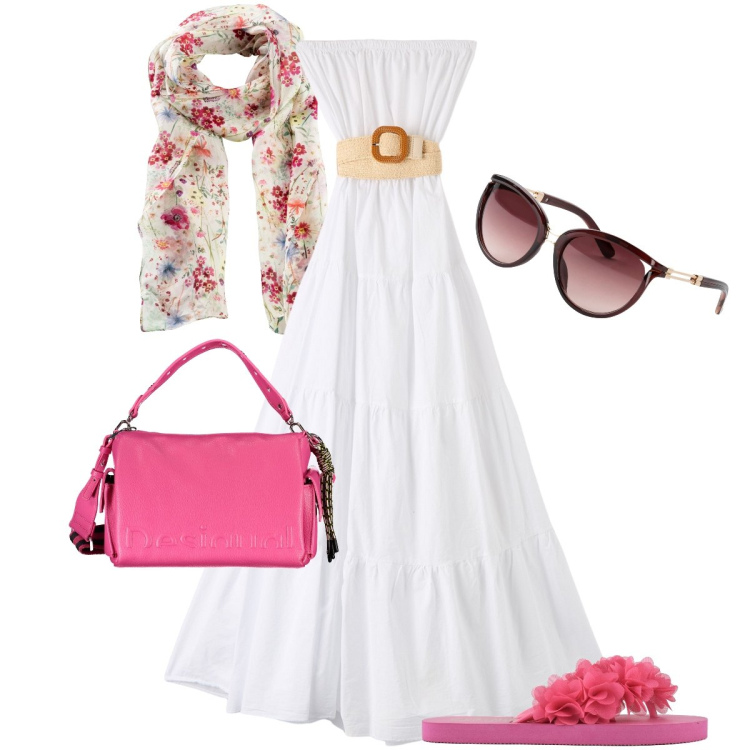 Outfit donna - Fresca per l’estate. Stile Romantica per Serata fuori. Abbinamento con foulard, occhiali da sole, vestiti lunghi, infradito, borse a spalla.