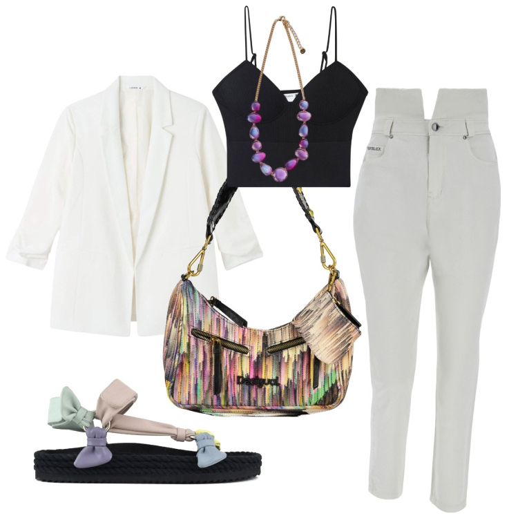 Outfit donna - Shopping tranquillo. Stile Casual chic per Tutti i giorni. Abbinamento con top, blazer, pantaloni, borse a spalla, sandali, collane.