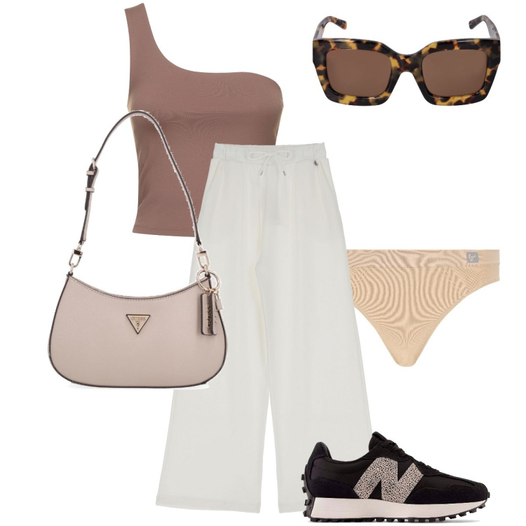 Outfit donna - Il pantapalazzo sportivo. Stile Urban per Tutti i giorni. Abbinamento con perizomi, pantaloni, sneakers, borse a spalla, occhiali da sole, canottiere.