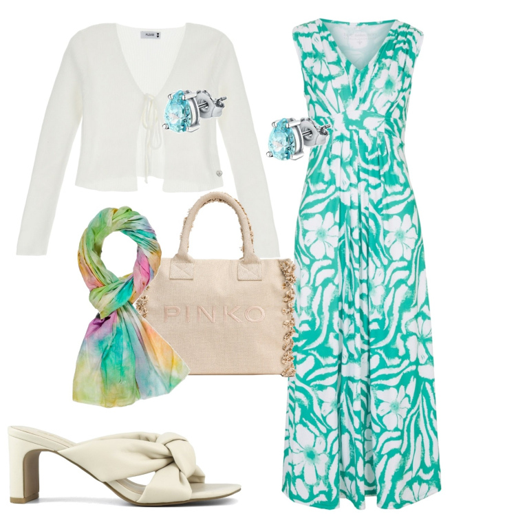Outfit donna - Al mare. Stile Casual chic per Mare. Abbinamento con vestiti lunghi, orecchini, shopping bag, cardigans, sandali col tacco, sciarpe.