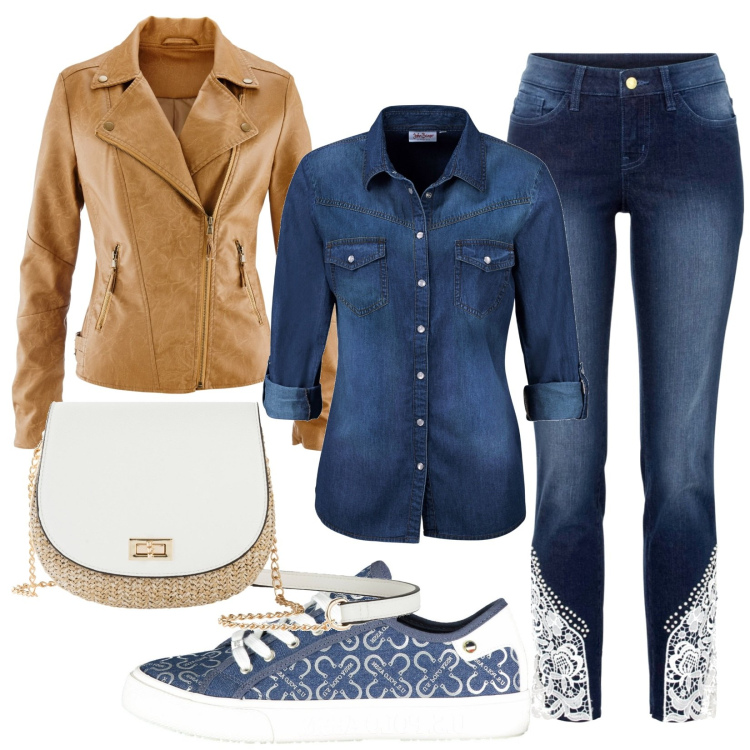 Outfit donna - Aprile. Stile Casual per Ufficio. Abbinamento con camicie, jeans skinny, blazer, borse a tracolla, scarpe sportive.