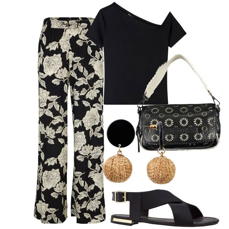 Outfit donna - I pant fantasia. Stile Basic per Tutti i giorni. Abbinamento con pantaloni a palazzo, orecchini, sandali, t-shirt, borse a spalla.