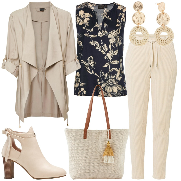 Outfit donna - In beige. Stile Casual per Ufficio. Abbinamento con top, pantaloni, blazer, stivaletti, shopping bag, orecchini.