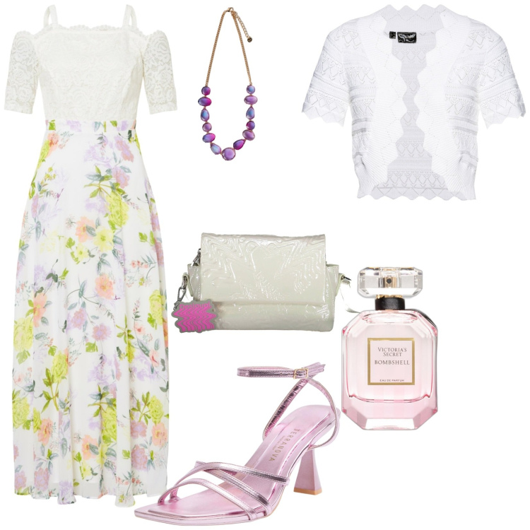 Outfit donna - Total look #1856401. Stile Romantica per Tutti i giorni. Abbinamento con blazer, vestiti, sandali col tacco, profumi, borse a tracolla, collane.