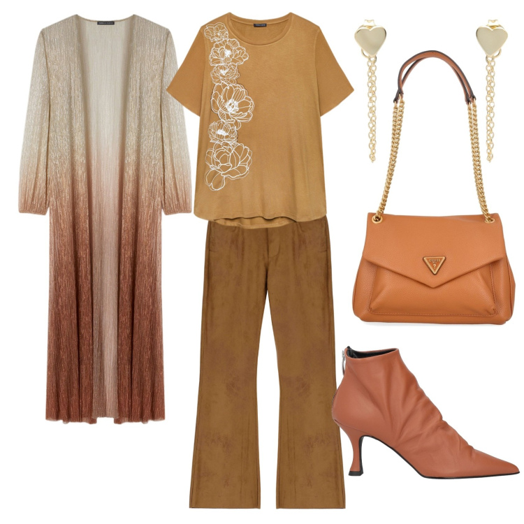 Outfit donna - Relaxing Sunday. Stile Casual chic per Tutti i giorni. Abbinamento con stivaletti, orecchini, pantaloni, t-shirt, cardigans, borse a tracolla.