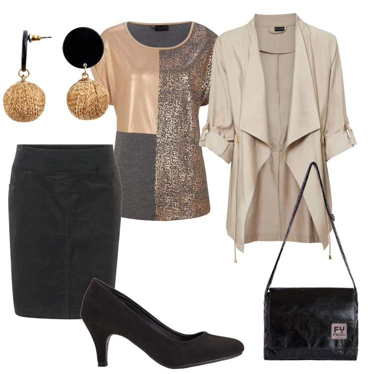 Outfit donna - A quella mostra che volevo vedere. Stile Casual chic per Tutti i giorni. Abbinamento con gonne, décolleté, orecchini, maglieria, blazer, borse a tracolla.