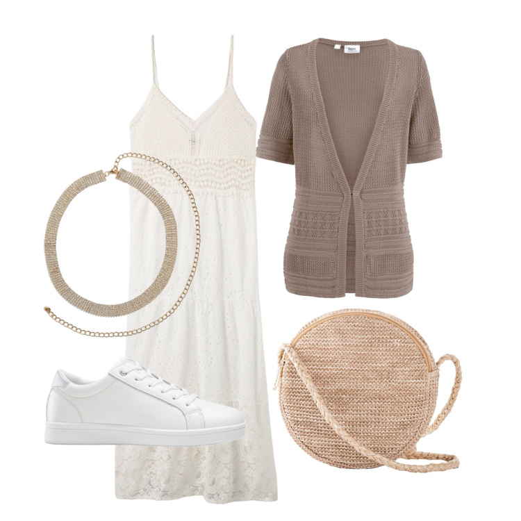 Outfit donna - Ghost outfitter - aprile. Stile Boho per Tutti i giorni. Abbinamento con sneakers, borse a tracolla, cardigans, vestiti lunghi, collane.