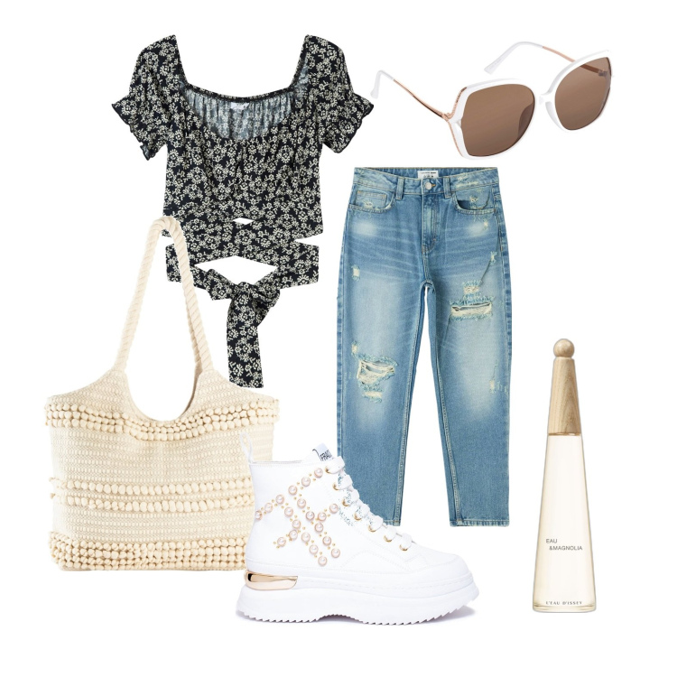 Outfit donna - In centro con Anita. Stile Casual per Tutti i giorni. Abbinamento con shopping bag, occhiali da sole, profumi, bluse, jeans mom, sneakers.