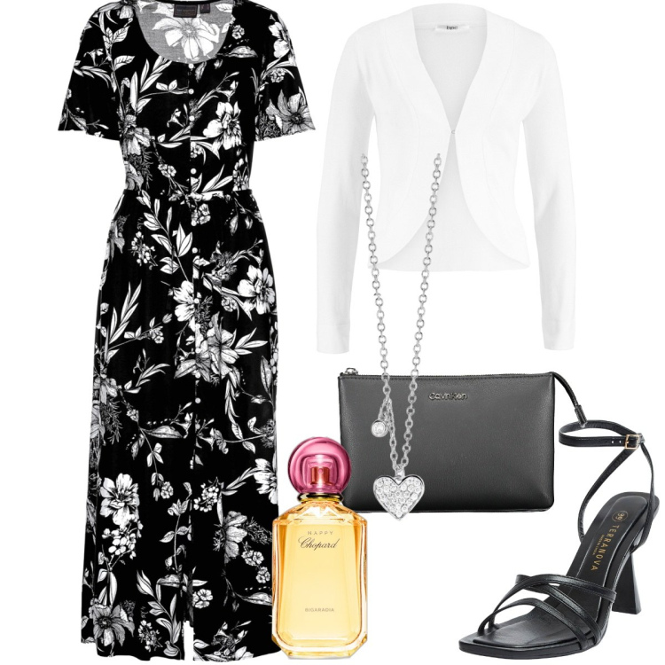 Outfit donna - Cerimonia informale - curvy style. Stile Chic per Cerimonia. Abbinamento con vestiti lunghi, blazer, profumi, sandali col tacco, collane, borse a spalla.