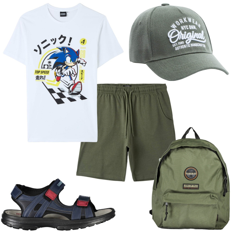 Outfit uomo - Il primo caldo. Stile Casual per Tutti i giorni. Abbinamento con t-shirt, pantaloni corti, cappelli, borse sportive, sandali.