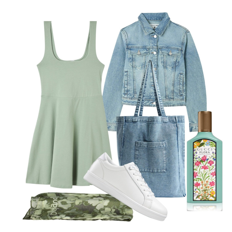 Outfit donna - Di stile semplice. Stile Basic per Tutti i giorni. Abbinamento con sneakers, profumi, vestiti midi/longuette, blazer, shopping bag, foulard.