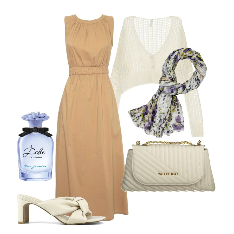 Outfit donna - Dolce e senza tempo. Stile Chic per Tutti i giorni. Abbinamento con profumi, cardigans, vestiti lunghi, borse a tracolla, sandali col tacco, sciarpe.