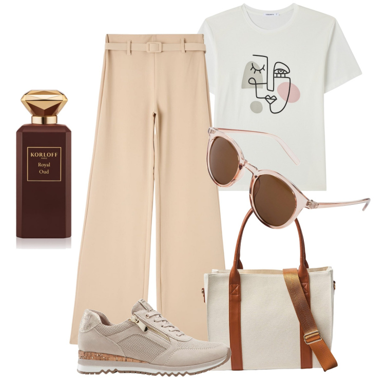 Outfit donna - Novità Terranova a passeggio. Stile Urban per Tutti i giorni. Abbinamento con sneakers, occhiali da sole, profumi, t-shirt, pantaloni, shopping bag.