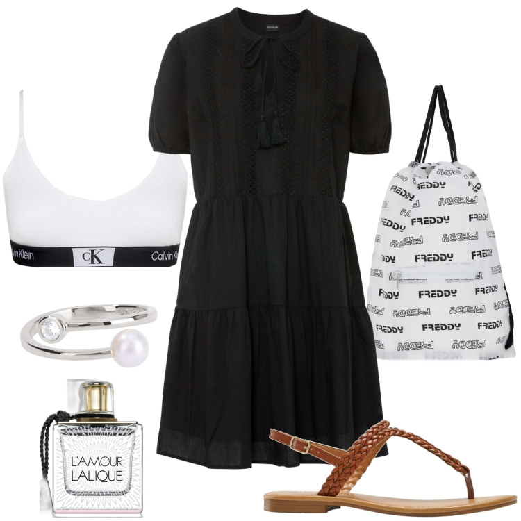 Outfit donna - Shopping conveniente. Stile Casual per Tutti i giorni. Abbinamento con vestiti, ciabatte, profumi, anelli, zaini, bralette.