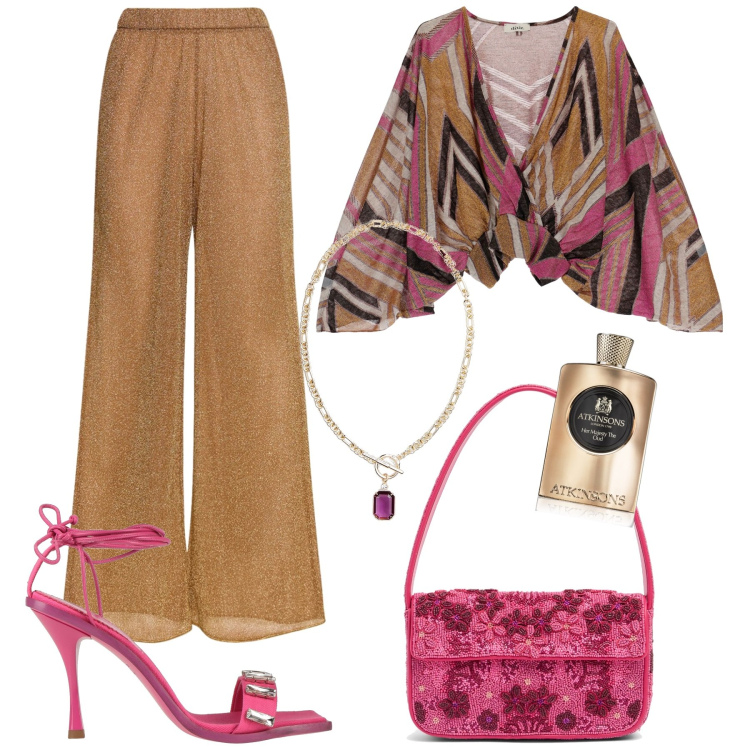 Outfit donna - Serata fuori. Stile Glamour per Serata fuori. Abbinamento con sandali in pelle, profumi, camicie, collane, pantaloni, borse a spalla.