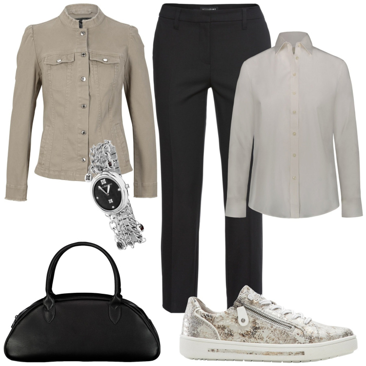 Outfit donna - Per tutti i giorni. Stile Casual chic per Tutti i giorni. Abbinamento con pantaloni, blazer, sneakers, orologi, camicie, borse a spalla.