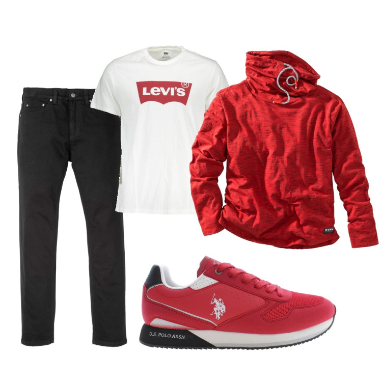 Outfit uomo - Red. Stile Casual per Tutti i giorni. Abbinamento con jeans slim fit, maglieria, scarpe sportive, t-shirt.