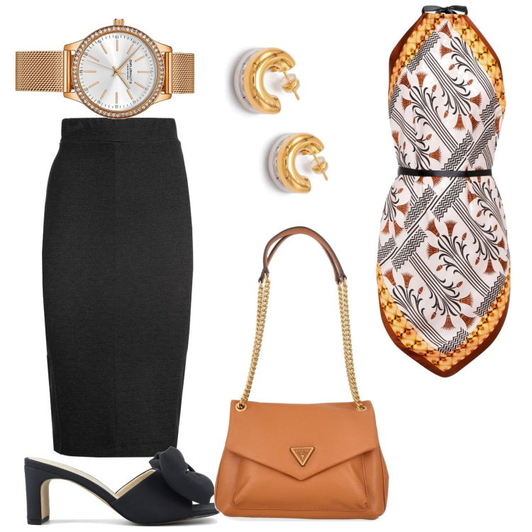 Outfit donna - Fantasia. Stile Chic per Serata fuori. Abbinamento con orecchini, orologi, sandali col tacco, gonne lunghe, top, borse a tracolla.