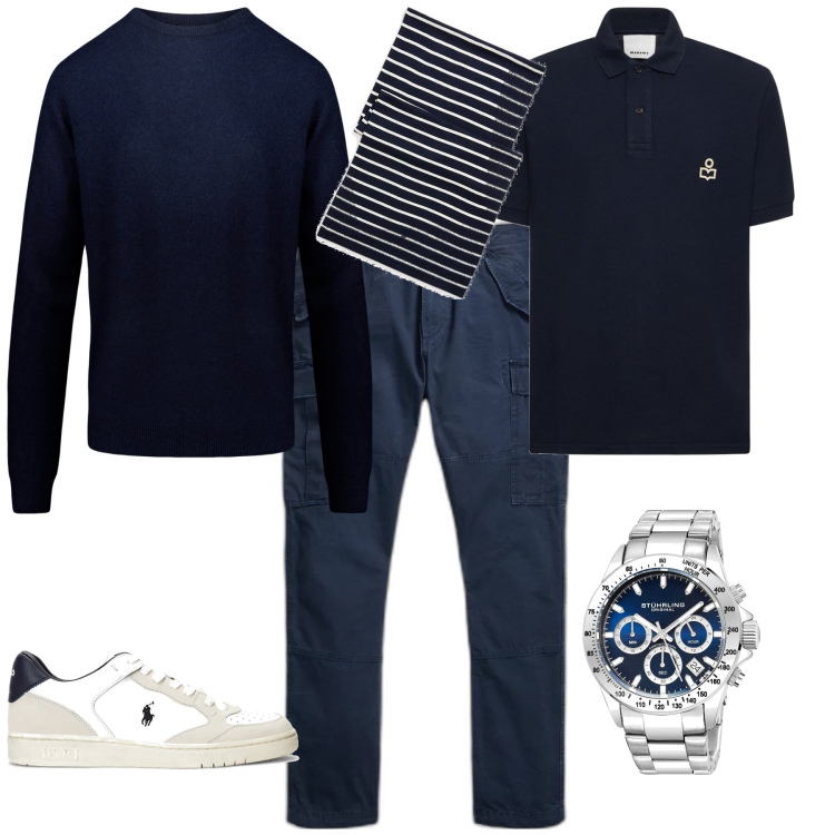 Outfit uomo - Casual blu serata fuori. Stile Casual per Serata speciale. Abbinamento con orologi, sneakers, pantaloni cargo, sciarpe, maglieria, polo.