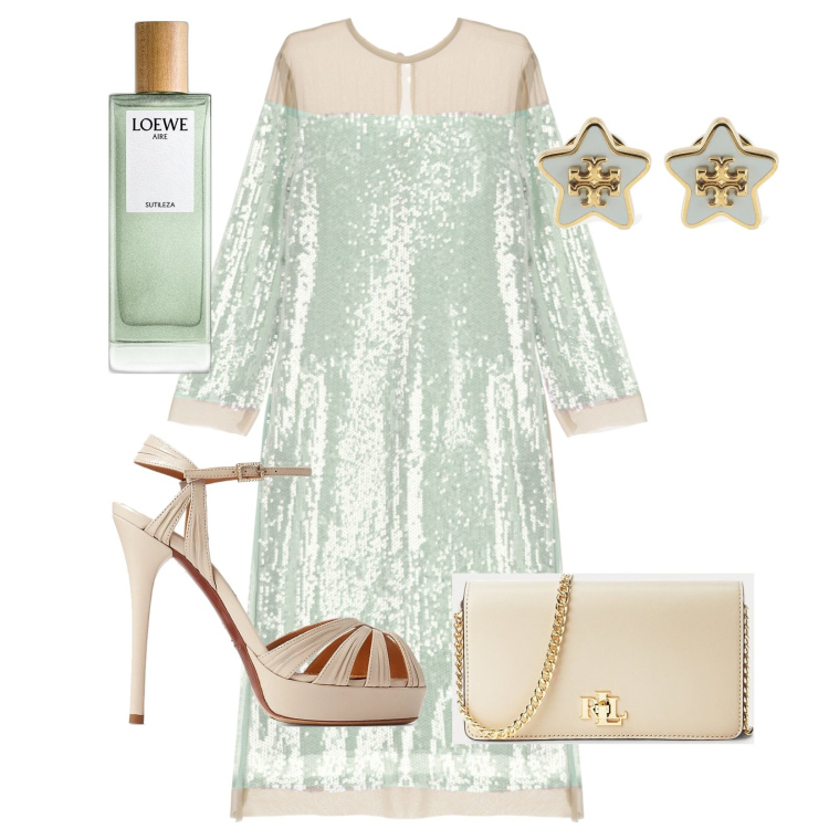 Outfit donna - Lei è unica. Stile Glamour per Serata fuori. Abbinamento con profumi, vestiti midi/longuette, borse a mano, sandali in pelle, orecchini.