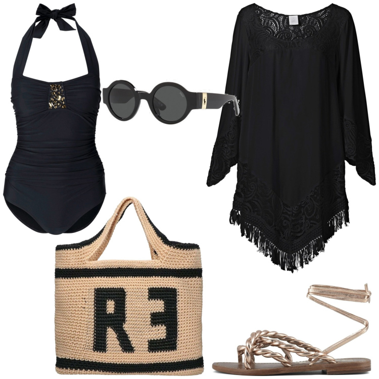 Outfit donna - Primi giorni al mare. Stile Chic per Mare. Abbinamento con costumi interi, vestiti da spiaggia, occhiali da sole, sandali, shopping bag.