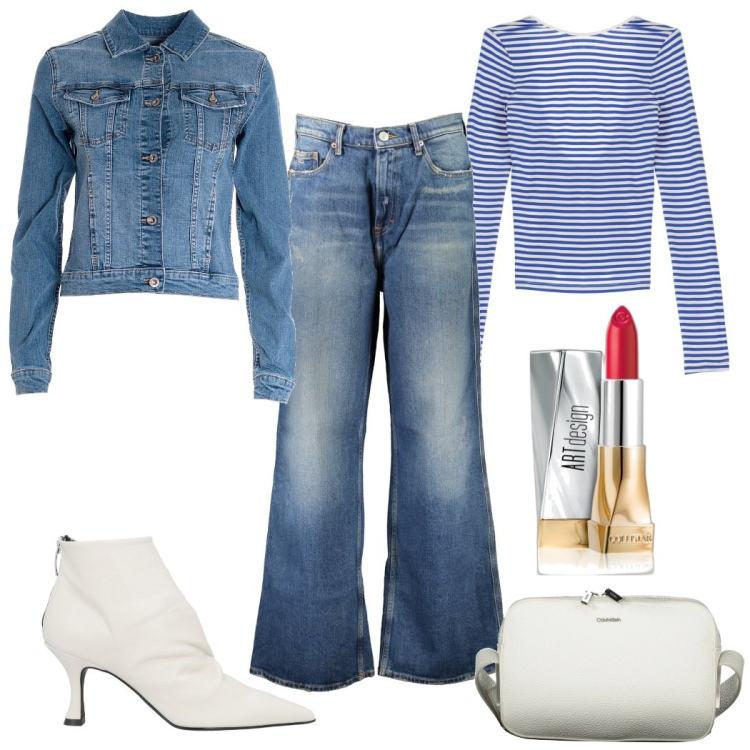 Outfit donna - Semplicemente denim. Stile Casual chic per Tutti i giorni. Abbinamento con stivaletti, rossetti, t-shirt, giacche, jeans, borse a tracolla.