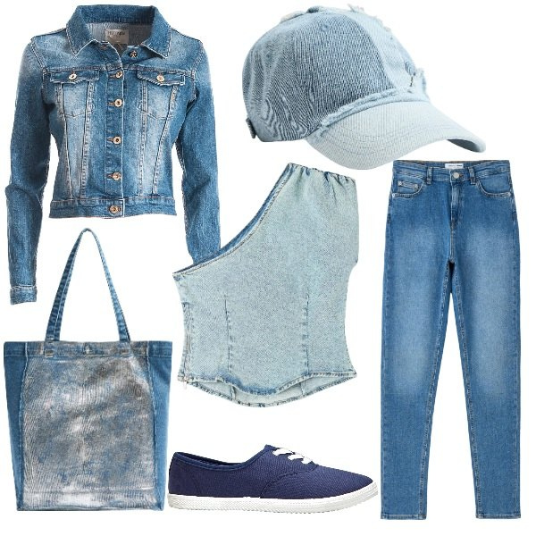 Outfit donna - Total denim. Stile Urban per Tutti i giorni. Abbinamento con sneakers, jeans skinny, shopping bag, top, cappelli, blazer.